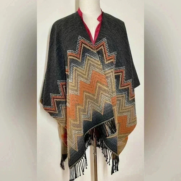Vintage | Knit Wool/Cashmere Poncho Wrap | Navy / Stone / Orange | Tassels - Picture 1 of 4
